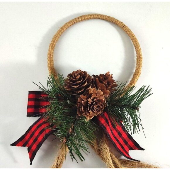 Rustic Jingle Bell Christmas Door Hanger With Pinecones & Plaid Ribbon - Picture 2 of 7